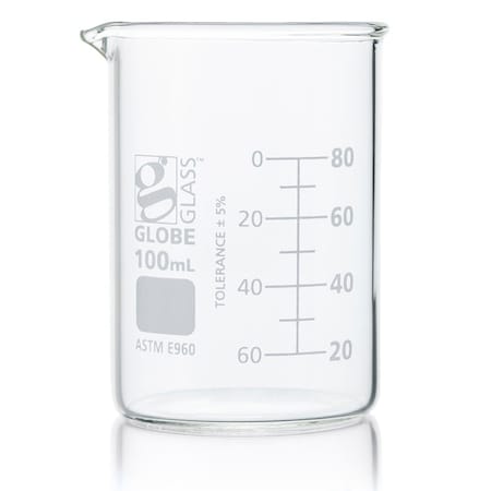 Globe Scientific Beaker, Globe Glass, 100mL, Low Form Griffin Style, Dual Graduations, ASTM E960, 12/Box, 12PK 8010100